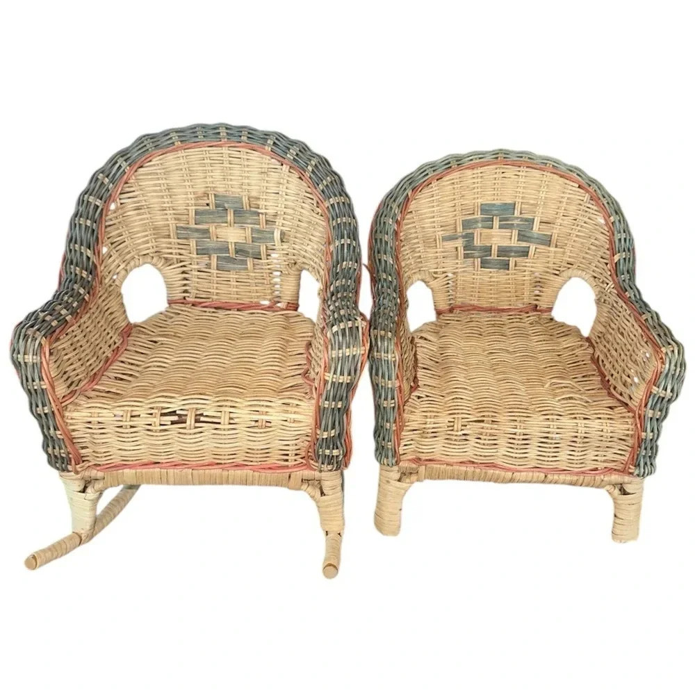 2 Vintage mini wicker boho doll size rattan chairs
